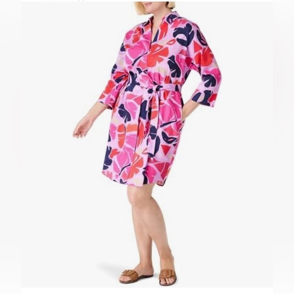 NIC+ZOE Tropic Glow Leaf Print Cotton Shirtdress in Pink Mult Size L